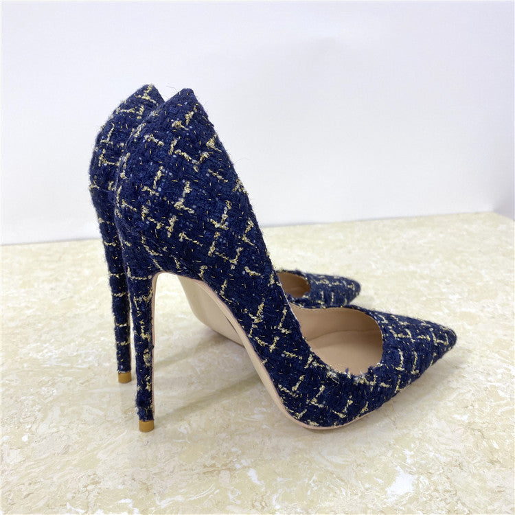 New Woven High Heels 12CM Pointed Toe Stiletto Pumps All-Match Womens