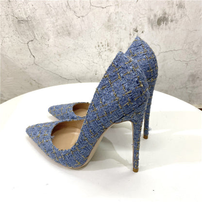 New Woven High Heels 12CM Pointed Toe Stiletto Pumps All-Match Womens
