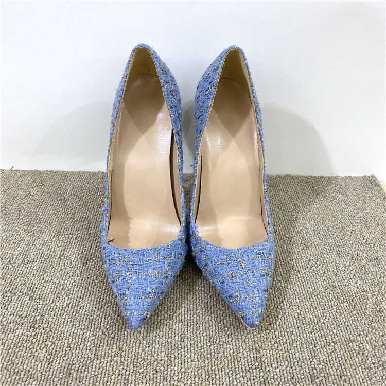 New Woven High Heels 12CM Pointed Toe Stiletto Pumps All-Match Womens