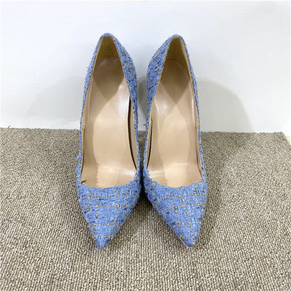 New Woven High Heels 12CM Pointed Toe Stiletto Pumps All-Match Womens