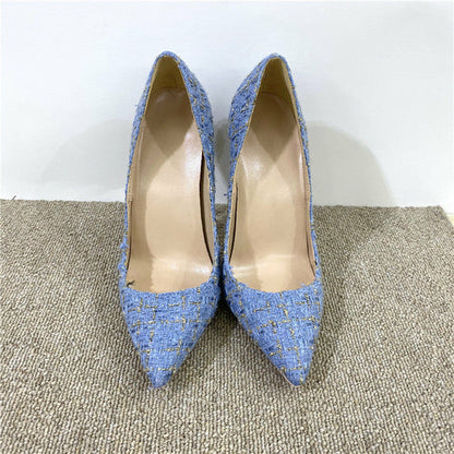 New Woven High Heels 12CM Pointed Toe Stiletto Pumps All-Match Womens