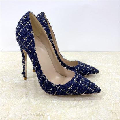 New Woven High Heels 12CM Pointed Toe Stiletto Pumps All-Match Womens