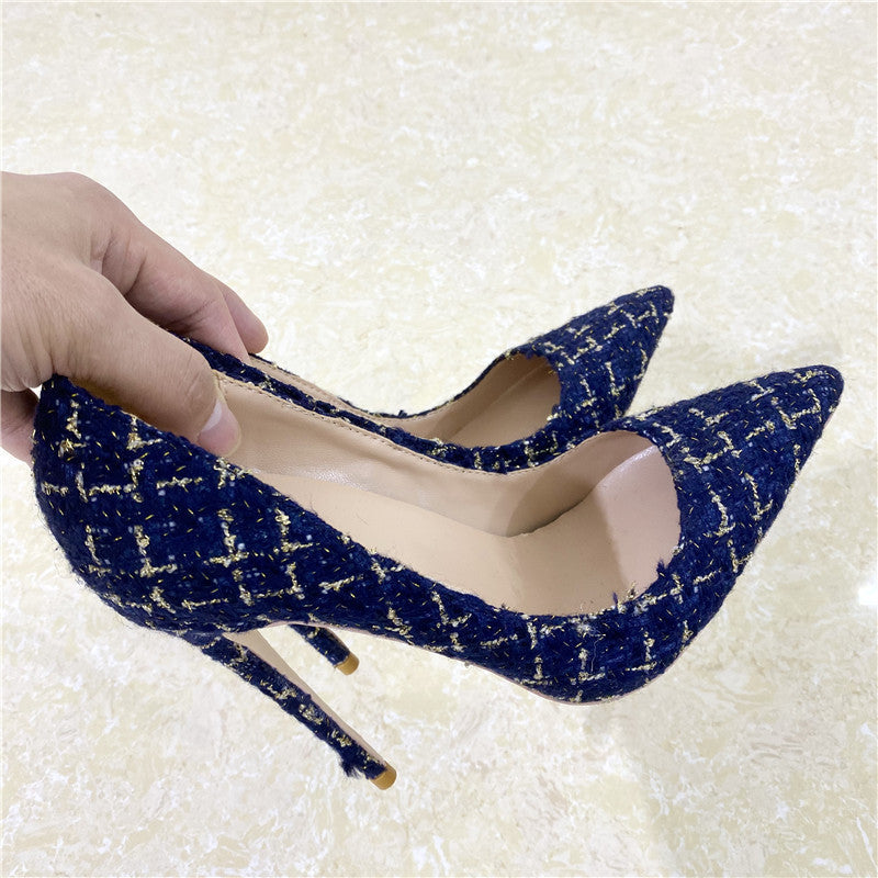 New Woven High Heels 12CM Pointed Toe Stiletto Pumps All-Match Womens