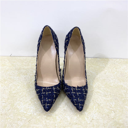 New Woven High Heels 12CM Pointed Toe Stiletto Pumps All-Match Womens