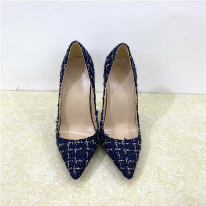 New Woven High Heels 12CM Pointed Toe Stiletto Pumps All-Match Womens