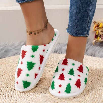 Christmas Tree Pattern Fluffy Slippers for Bedroom