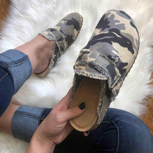 Womens Vintage Clogs Flat Heel Round Toe Canvas Loafer